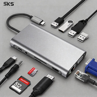 Hub USB-C 10-en-1 en aluminium avec ports Ethernet RJ45, VGA, 4 ports USB 3.0 à charge rapide, station d'extension pour ordinateur portable, tablette, imprimante et iOS