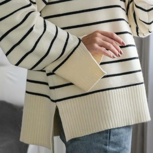 Maglione Pullover da <span class=keywords><strong>Donna</strong></span> Personalizzato con Chiusura a Cerniera, Maniche Lunghe, a Righe Bianche, in Poliestere/<span class=keywords><strong>Cotone</strong></span>, per l'Autunno - Product Image 4