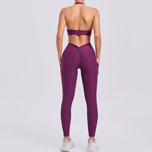 Ensemble de vêtements de yoga pour femmes, haut de sport avec bretelles, ajusteur de soutien-gorge en forme de V, leggings avec poches, tenue de sport, vêtements de fitness, ensemble de gym, effet push-up - Product Image 2