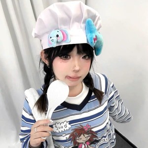 Lindo Gorro de Chef a Rayas <span class=keywords><strong>para</strong></span> Mujer, <span class=keywords><strong>para</strong></span> Todas las Estaciones, 100% Algodón Transpirable, Diseño de Dibujos Animados Kiki, Popular en Internet, Divertido y Dulce - Product Image 3