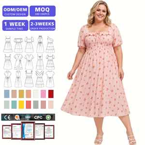 Robe d'été mi-longue pour femmes, grande taille 1X-5X, col carré, manches courtes bouffantes, imprimé floral, ligne A, robe décontractée avec poches - Product Image 1