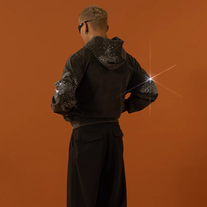 Sudadera con Capucha para Hombre de Alta Calidad, Personalizable, 500 Gsm, Algodón Grueso, Diseño Cuadrado Desgastado con Logotipo de Pedrería, Cierre de Cremallera - Product Image 2