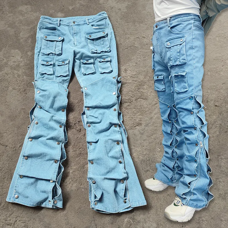 Yysy Custom Multi Pocket Gewassen Zwaargewicht Cargo Jeans Broek Distress Vintage Acid Wash Uitlopende Baggy Denim Broek Voor Mannen