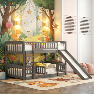 Lit superposé gris double avec glissière, barrière de sécurité et échelle robuste pour la chambre des enfants et des adolescents - Product Image 1