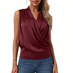 Women's Satin Wrap Front Sleeveless Blouse - Cowl Neck Casual <b>Top</b> Shirt Fashion - Product Image 3
