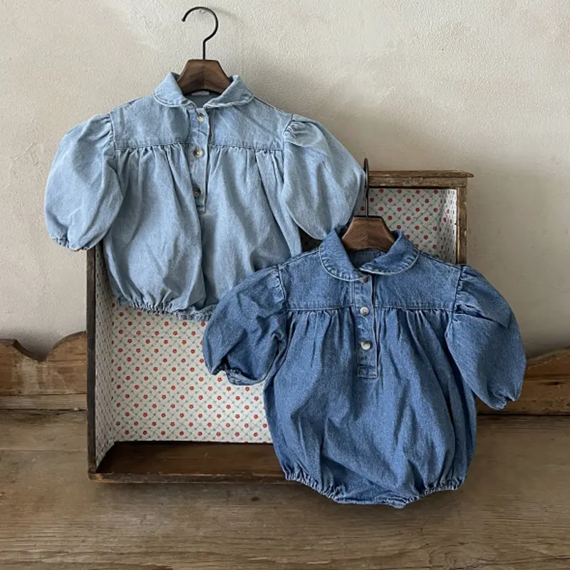 Macacão jeans com manga bolha para bebês recém-nascidos meninas, roupas unissex para meninos e meninas