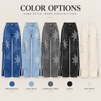 Jean en denim taille haute personnalisé pour femme, avec franges, patchwork étoile, poches cargo et coupe large pour tenue quotidienne