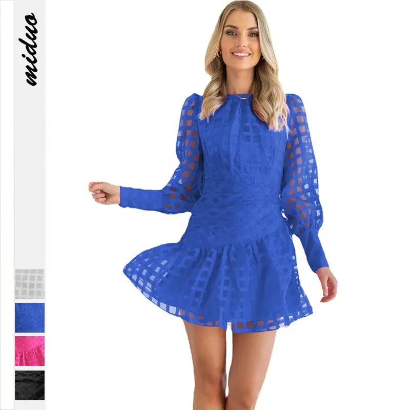 Yeni tasarım zarif ekose desen geri fermuar düğmesi Flouncing seksi kollu iş rahat mavi kadın parti elbise