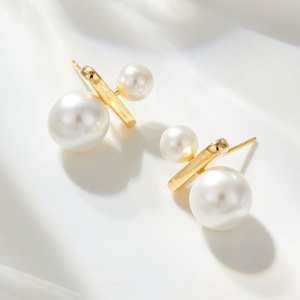 Faux Pearl Balance Stud Earrings Geometric Design 14k Gold <b>Post</b> Imitation Pearl Women's Party Jewelry - Product Image 4