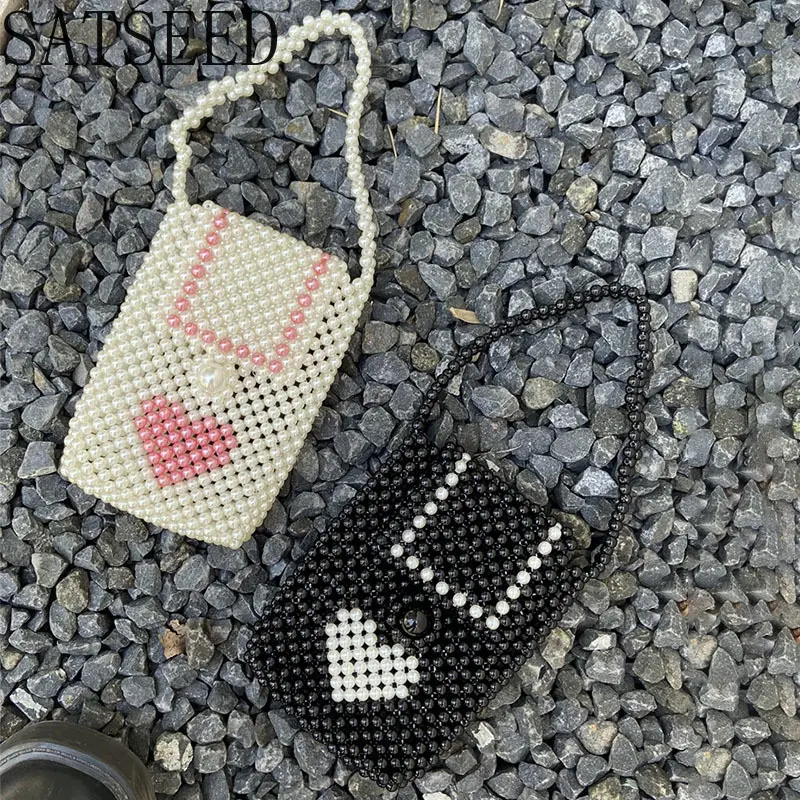 Fashion Love Design Shoulder Bag Ins Cute Mini Pearl Change Lipstick Phone Bags Simple Versatile Handwoven Women's Handbag