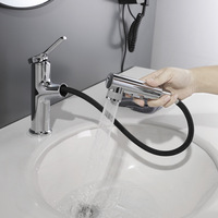 Robinet de lavabo noir rétractable à poignée unique et à trou unique, avec valve en céramique à noyau interne tout cuivre, pour eau chaude et froide