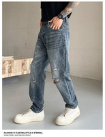 Jean large SAG American High Street pour homme, nouveau modèle décontracté coupe droite avec trous, effet barbe de chat, délavé et rivets