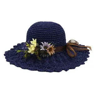 Wholesale hot selling summer beach hand made woman crochet floppy straw hat with flower decoration