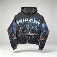 Hoodies en coton surdimensionnés et épais sur mesure, en molleton bouclette, à fermeture éclair, coupe courte, imprimés, effet délavé à l'acide