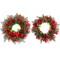 Guirlande de Noël Décoration de porte Guirlande artificielle de 13.77 pouces avec baies rouges et aiguilles de pin pour mur de porte d'entrée et