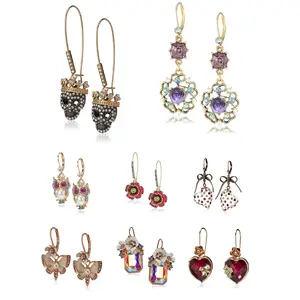 SC 2024 New Colorful Crystal Gold Plated Drop Earrings Handmade Diamond Flowers Butterfly Heart Owl Skull Head Dangle Earrings