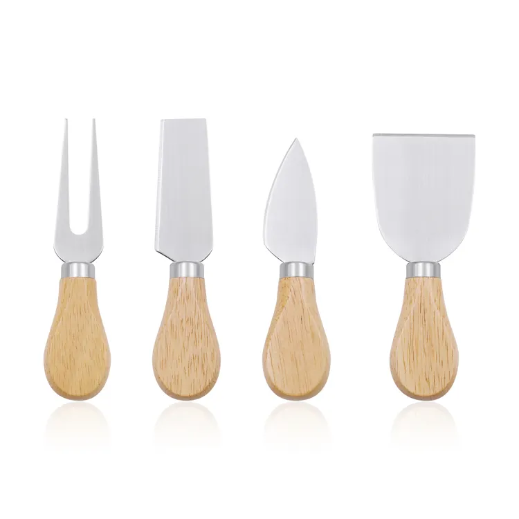 Cheese Knife Set Wood Handle Cheese Slicer Butter Knife and Fork 4pcs Stainless Steel with Rubber Wooden Fork Custom Shape