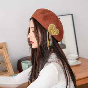 Béret Cœur en Strass à Pompom pour Femme, Béret de Peintre Rétro en Laine, Béret Haut de Gamme en Peluche Scintillant avec Cœur et Diamants - Product Image 3