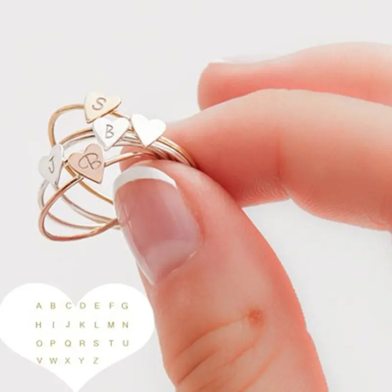 Personalized Stackable Alloy 26 Letter Initial A-Z Rings Heart Shape Gold Silver Rose Gold Color Women Finger Rings
