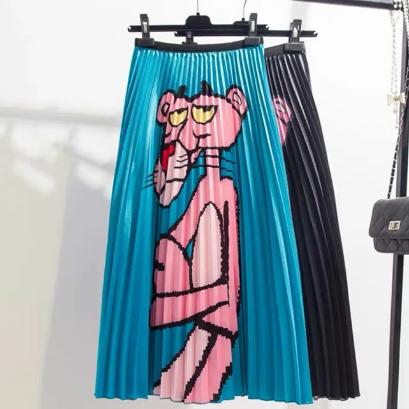 Cartoon Falten rock Lange Röcke Damen Hohe Taille Elastisch A Linie Midirock Für Frauen Sommer Rok Party Urlaub Streetwear