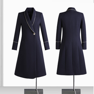 Women's Wool Coat Navy Blue Long Sleeve Solid Color Winter Uniform For Office Staff Flight Attendants Hotel Receptionists - Product Image 1