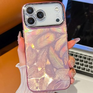 Funda plateada con diseño de plumas y ventana grande para iPhone 17 Pro Max, también compatible con iPhone Air/16 Plus con protector de lente - Product Image 3
