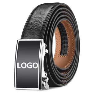 Wholesale Male Ratchet Waist Straps Gift Wide Black Business Men Metal Genuine Leather Belts Automatic Buckle Leather Belts