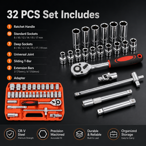 Ensemble d'outils de mécanicien CR-V 32 pièces, douilles profondes standard 1/2 pouce, clé à cliquet, clés hexagonales, pour usage domestique, personnalisable, OEM, coffret rigide - Product Image 3