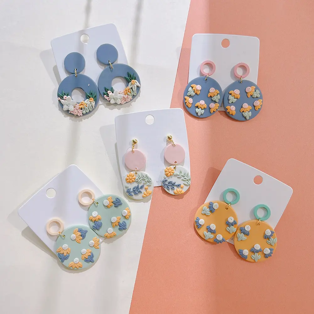 New Arrival Fashion Round Shape Jewelry Cute Flower Geometric Polymer Handmade Clay Earrings For Women