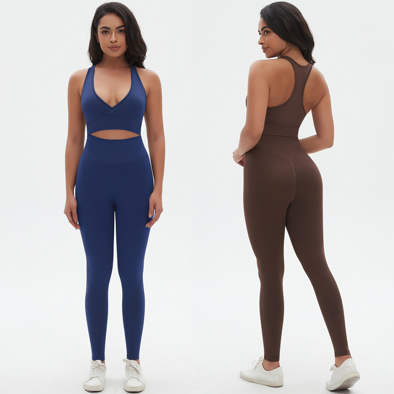 Breathable Seamless Solid Elastic Waist Sexy V-neck Cross Sports Yoga Bra and Leggings Set Woman Pilates Running Fitness Outfit