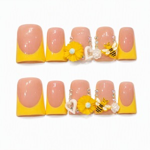 Faux ongles à presser jaunes et roses, prédécoupés, couvrance totale, avec colle, motif floral et abeille pour femmes - Product Image 5