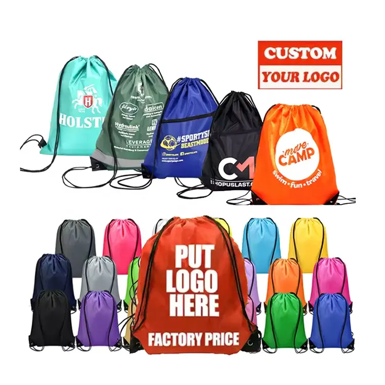 Sacos de sacola e mochila com cordão de nylon e poliéster promocional personalizado por atacado com cordão de 30 cm