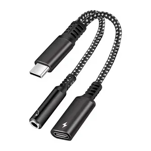 PD 60W Fast Charging USB C to 3.5mm Headphone and Charger Adapter 2-in-1 USB Type C to AUX Mic Jack Dongle Cable