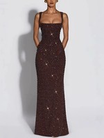 S0730Y Nouvelle Robe de Soirée Rouge à Paillettes, Bretelles Fines, Ajustée, à Nouer sur le Devant, Longueur Ras du Sol 2026