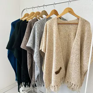 Nuevas llegadas suéter coreano para mujer abrigo de lana de invierno de gran tamaño borla de punto lana Poncho chal