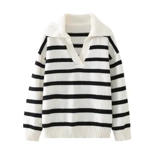 Turn down collar striped pattern beige and black color long sleeve casual knitted pullover sweater for women