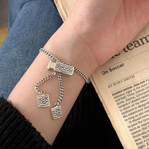 S925 Pure Silver Chinese Style Engraved <b>Bracelet</b> For Women <b>Adjustable</b> Tank Chain Jewelry Everyday Wear - Product Image 4