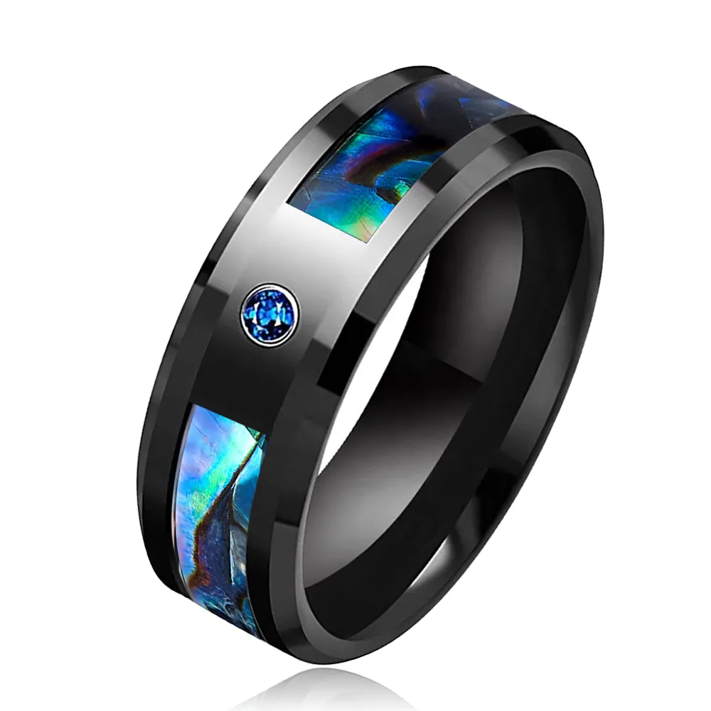 Cincin bertatah cangkang abalon Tungsten hitam, cincin pernikahan batu safir biru 8mm untuk pria