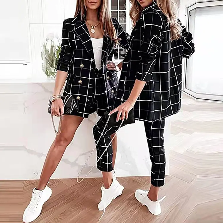Italy Design Black Plaid ladies business suit sexy office trouser suits for women fashion womens suits & tuxedo