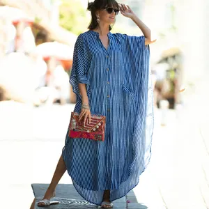 Uniek Ontwerp Nieuwste Mode Blauwe Cover Up Hot Selling Lange Kaftan Jurk Voor Vrouw