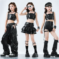 Costumes de danse jazz pour filles, haut court en similicuir noir avec boucle, jupe à volants, pantalon baggy, ensemble de vêtements de scène pour enfants