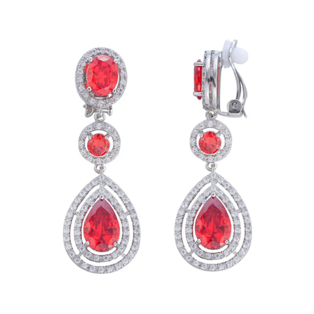 Anting-anting Juntai tanpa tindik kristal CZ merah pengantin cantik perhiasan pesta wanita berkualitas lubang telinga tanpa tindik