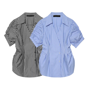 Camisa de Manga Corta a Rayas para Mujer, con Botones y Mangas Abullonadas, Corte Holgado, Informal, Blusa de Algodón Popelina para Primavera/Verano - Product Image 3