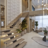 Escalier flottant moderne à LED avec marches en marbre et garde-corps en verre - Design d'escalier intérieur de luxe d'usine