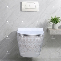 WC mural en céramique sans bride à motif géométrique doré de luxe, avec abattant UF à fermeture douce, pour salle de bain de villa moderne