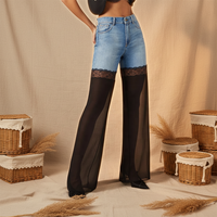 Vente en gros de streetwear pour femmes, pantalon à blocage de couleur transparent, pantalon en jean à mailles en dentelle noire délavées pour femmes