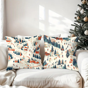 Acogedoras almohadas decorativas de invierno con escenas de esquí nevadas, mostrando personas disfrutando de las pistas y los telecabinos. - Product Image 3