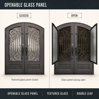 Porte d'entrée moderne en fer forgé sur mesure avec insert en verre texturé et décorations en volutes, étanche, pour villa et maison, options de couleur personnalisées