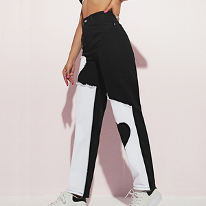 Pantalon droit en denim à deux tons avec patch en forme de cœur, en coton sergé, pour femmes, <span class=keywords><strong>taille</strong></span> <span class=keywords><strong>haute</strong></span>, pantalon déchiré, marque streetwear - Product Image 3