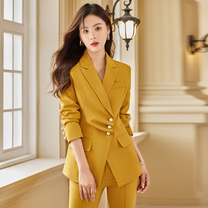 Women's Yellow Suit Set Autumn Casual Korean Style Full Sleeve Polyester Fiber Worsted Fabric - Product Image 1